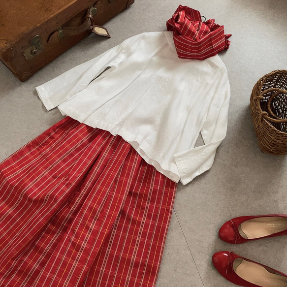 大島紬格子柄　着物リメイクレトロかわいいスカート&ストールセット　赤(チェック　マドラスチェック) 2枚目の画像