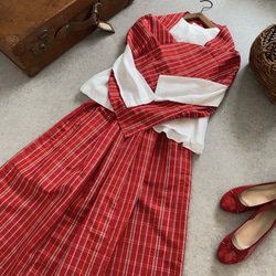 大島紬格子柄　着物リメイクレトロかわいいスカート&ストールセット　赤(チェック　マドラスチェック) 3枚目の画像