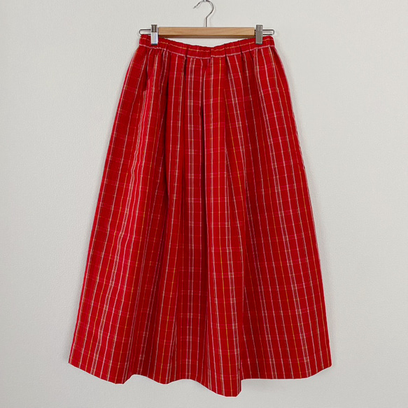 大島紬格子柄　着物リメイクレトロかわいいスカート&ストールセット　赤(チェック　マドラスチェック) 8枚目の画像