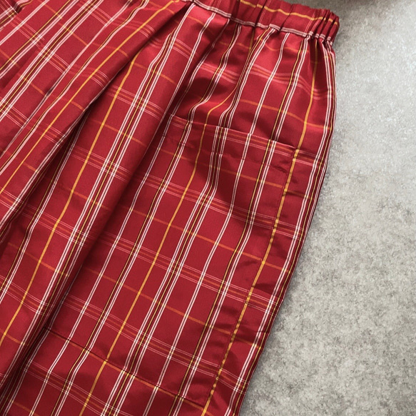 大島紬格子柄　着物リメイクレトロかわいいスカート&ストールセット　赤(チェック　マドラスチェック) 6枚目の画像