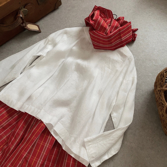 大島紬格子柄　着物リメイクレトロかわいいスカート&ストールセット　赤(チェック　マドラスチェック) 7枚目の画像