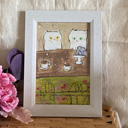絵画。原画手描き【猫たちが一緒にデートしてコーヒーを飲む午後】 1枚目の画像