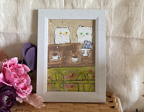 絵画。原画手描き【猫たちが一緒にデートしてコーヒーを飲む午後】 1枚目の画像