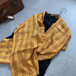 大島紬格子柄　着物リメイクレトロかわいい膝下丈スカート&ストールのセット　黄色(チェック　マドラスチェック) 7枚目の画像