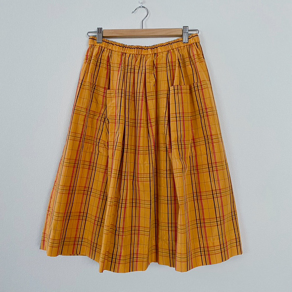大島紬格子柄　着物リメイクレトロかわいい膝下丈スカート&ストールのセット　黄色(チェック　マドラスチェック) 2枚目の画像