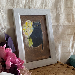 絵画。原画手描き【黒猫が花を抱いている時は幸せだ】 2枚目の画像