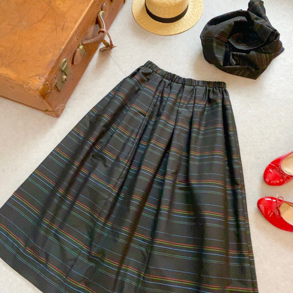 大島紬縞柄　着物リメイクレトロかわいいスカート&ストールのセット(ボーダー) 1枚目の画像
