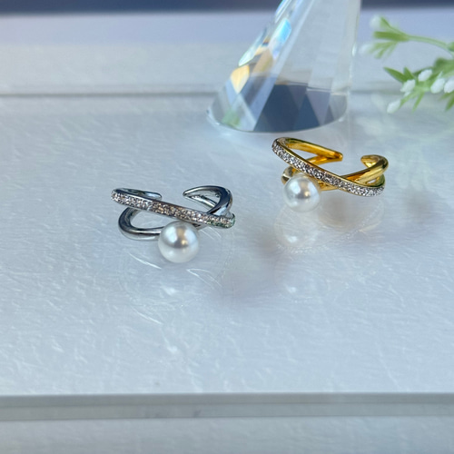 SWAROVSKI スワロフスキー　2連　2way パールリング 新作】クロスパール 2way イヤーカフ ＋ リング swarovski