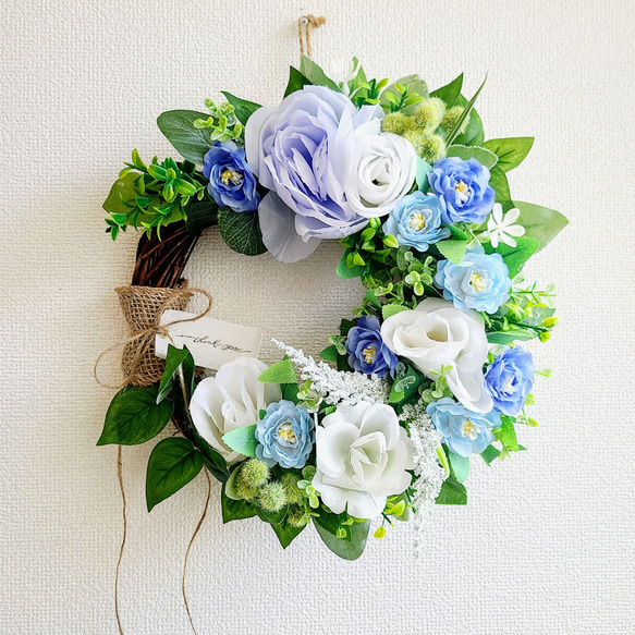 薔薇と野花FLOWERリース① みずいろ青系 玄関リース アーティ