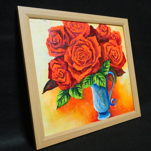 アンジェリーナ ラベルニア リトグラフ オレンジの背景の薔薇 インテリア 絵画 絵画 版画 アンジョリーナ・ラベルニア 額付き 『オレンジの背景