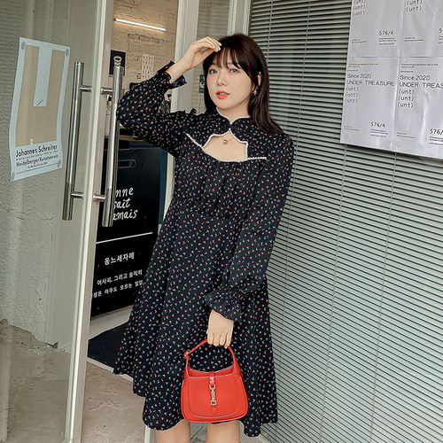 XL~4L ブラック 花柄ワンピース 大きいサイズ 秋冬 長袖 ロング丈