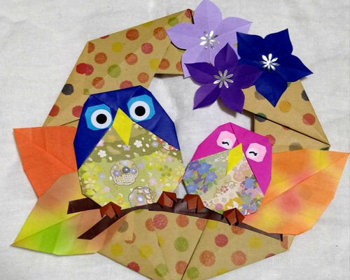 秋・桔梗・敬老の日・フクロウ・折り紙・リース【☆送料無料