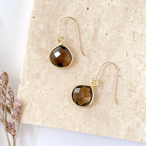 天然石雫型スモーキークォーツのシンプルピアス 14kgf 14kgf：しずく型