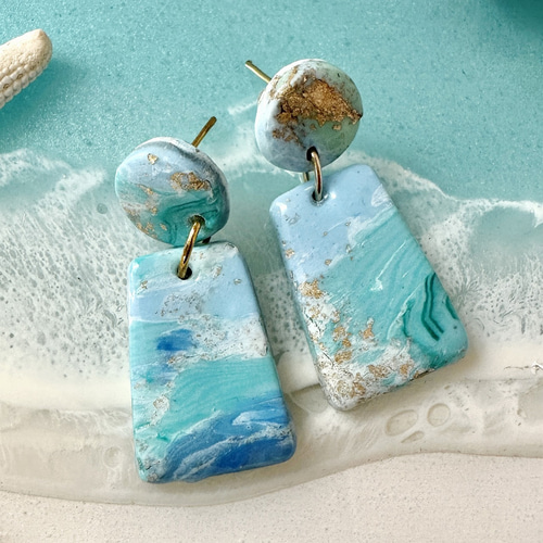 No.1250 ポリマークレイ①ピアス ポリマークレイ☆LAGOONピアス 短冊① ピアス（スタッド・一粒