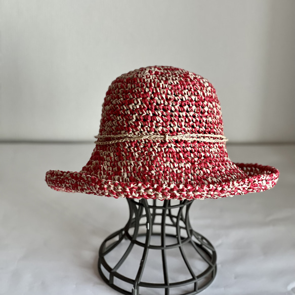 【手編み】涼しくて軽い　和紙の帽子　赤とベージュ 3枚目の画像