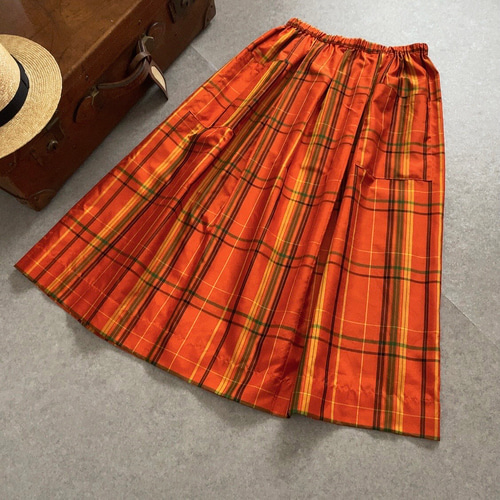 大島紬格子柄 着物リメイクレトロ可愛いスカート 橙色 (チェック