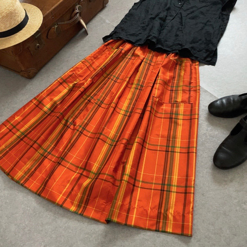 大島紬格子柄 着物リメイクレトロ可愛いスカート 橙色 (チェック