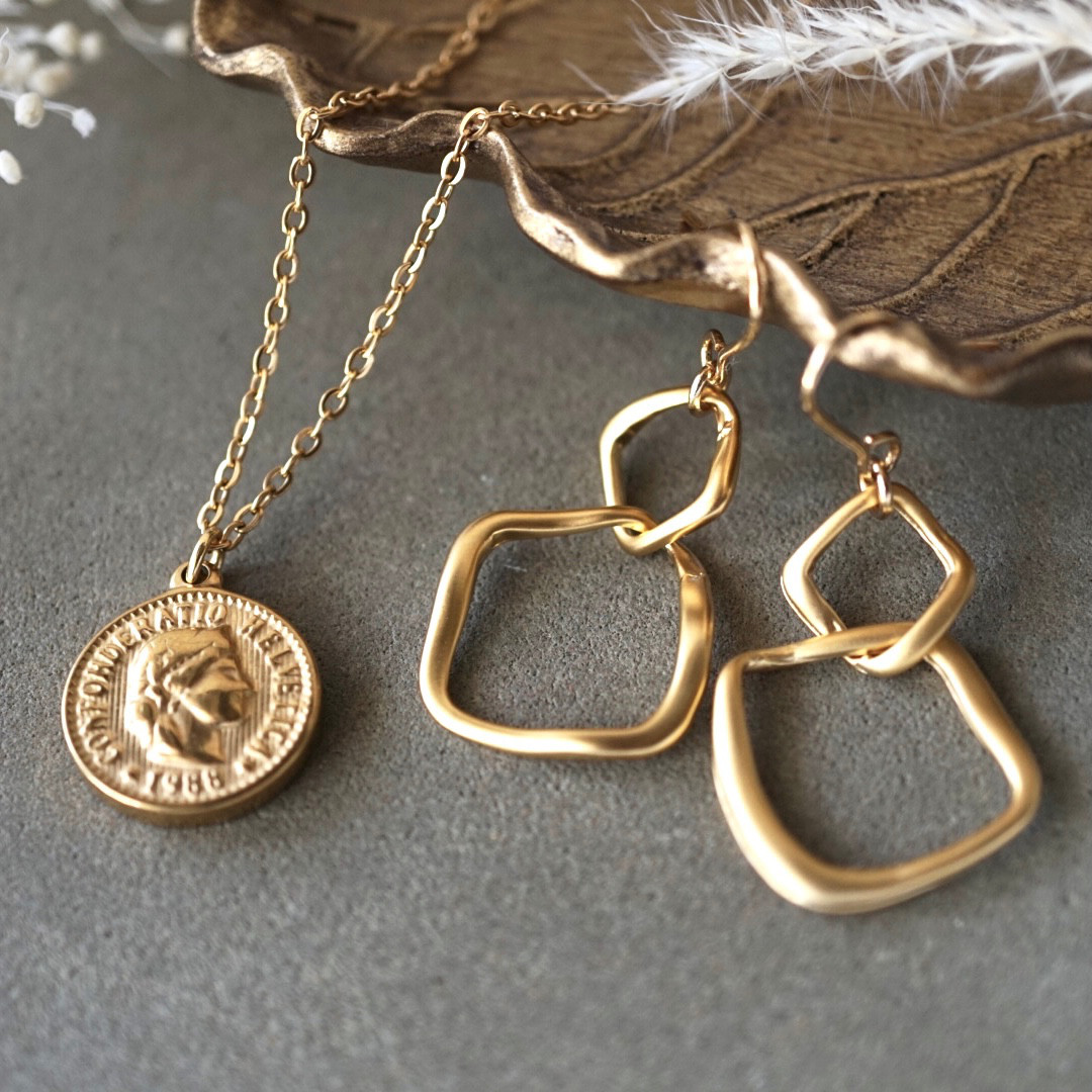 Creema限定！冬の福袋　コインネックレスとダブルスクエアピアスのセット（ゴールド／シルバー）サージカルステンレス　冬