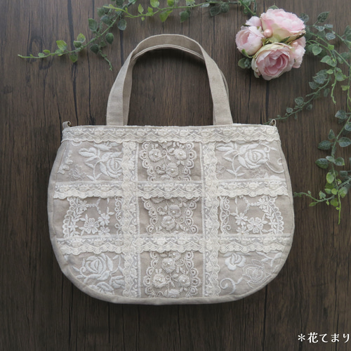 アンティーク風 ローズ＆レース パッチワークの2wayバッグ ～Rose
