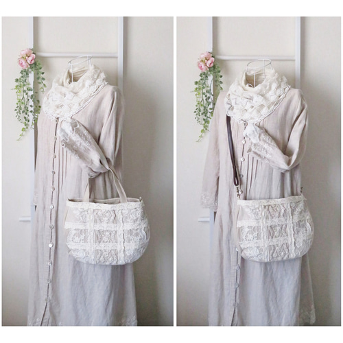 アンティーク風 ローズ＆レース パッチワークの2wayバッグ ～Rose