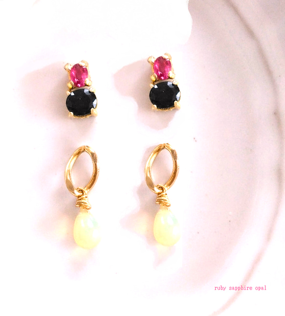 Sapphire & Ruby & Opal Earrings/Pierce/Ear-cuff 1枚目の画像