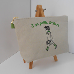 通学のフランスの女の子刺繍の帆布のポーチグリーン１６㎝　１８㎝　２０㎝ 2枚目の画像