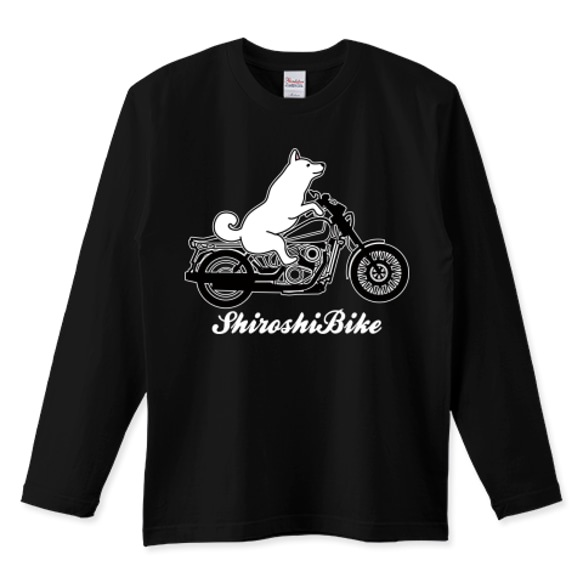 柴犬バイク長袖黒Tシャツ「ShiroshiBike」 1枚目の画像
