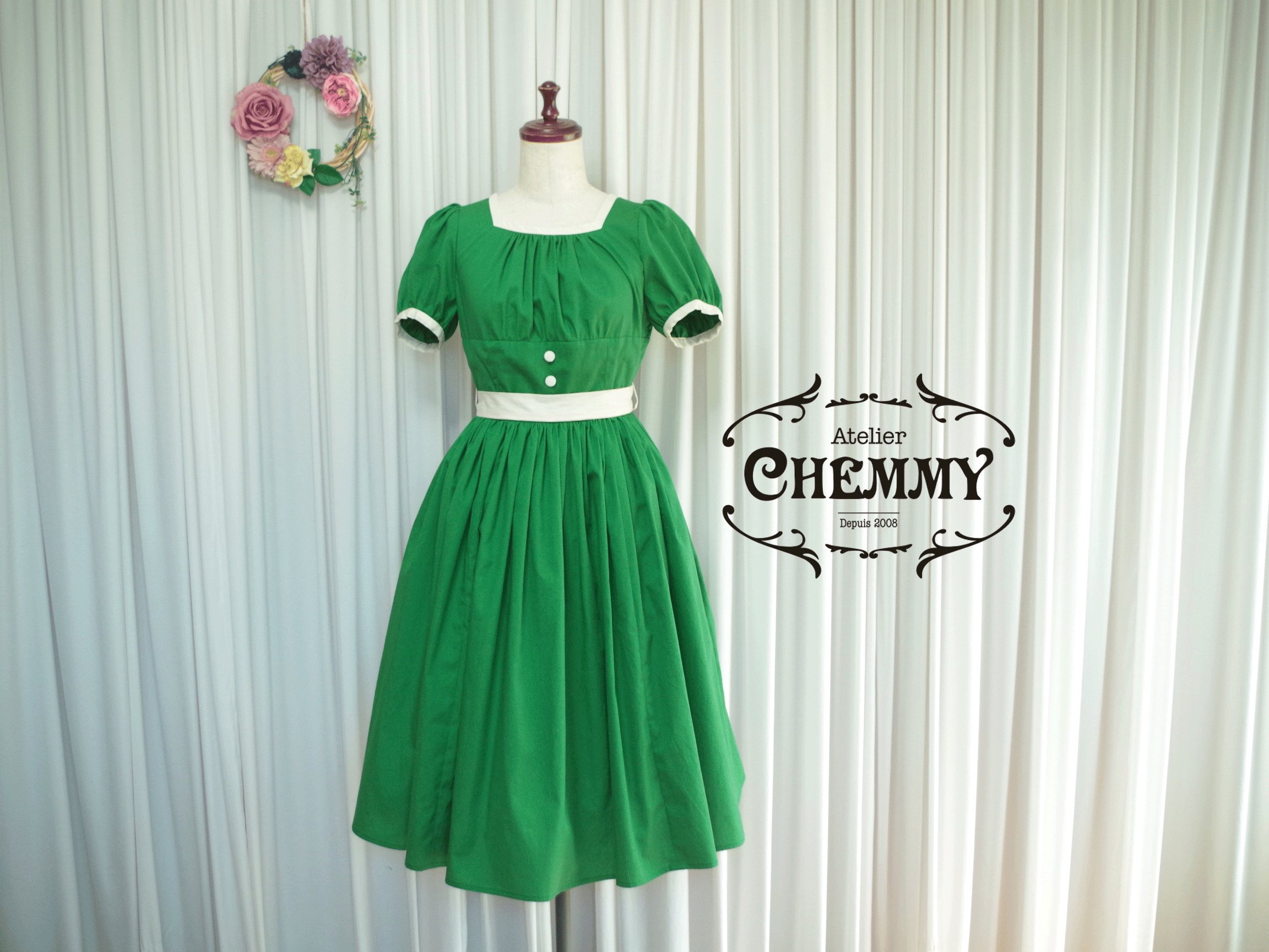 ツートンカラーパフスリーブコットンリボンワンピースON42-1