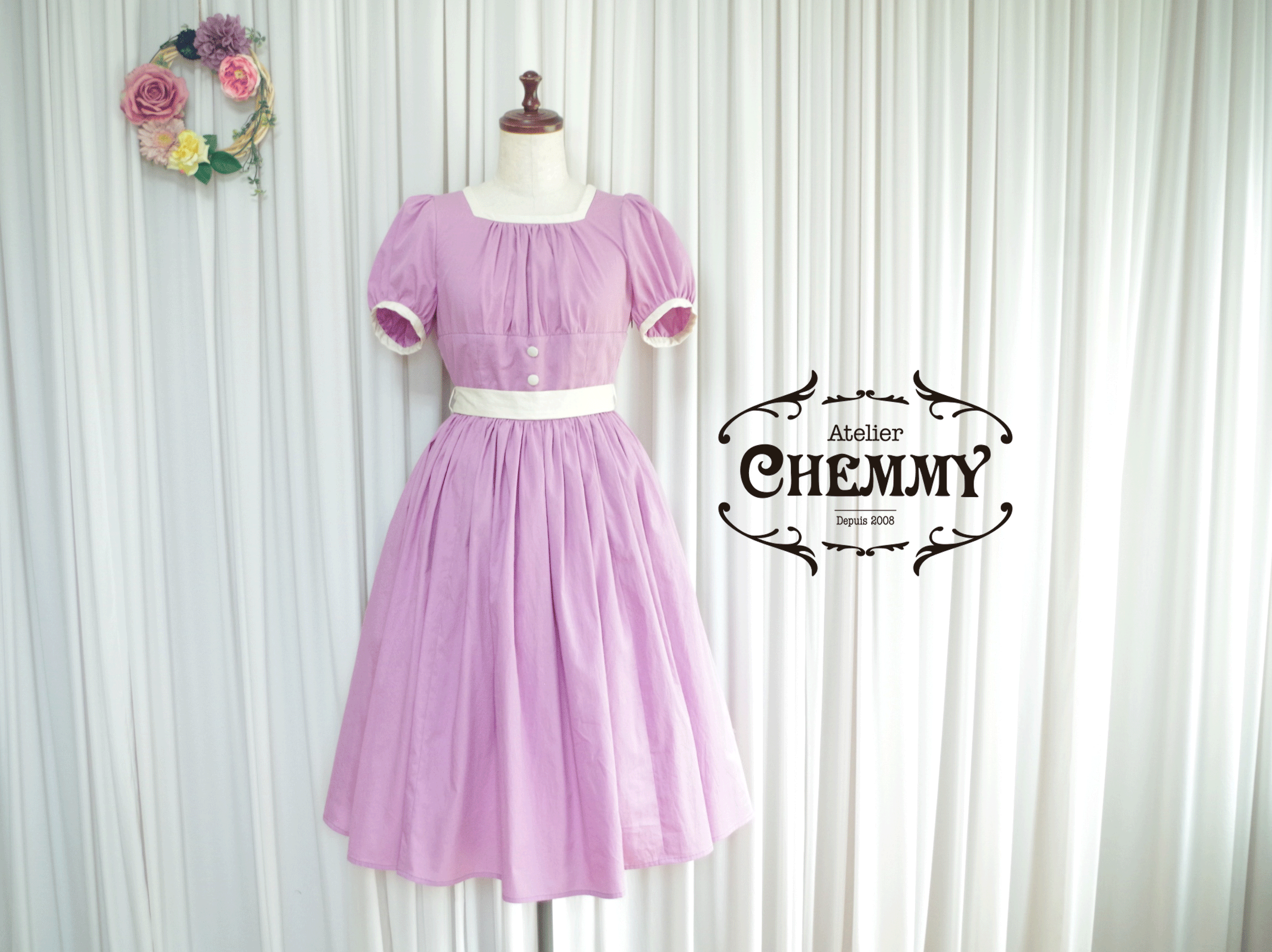 ツートンカラーパフスリーブコットンリボンワンピースON42-2