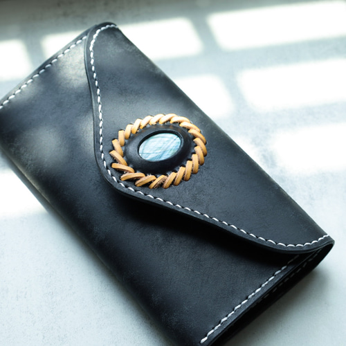 オルガン長財布 使用品 天然石×牛革 大容量 総手縫い ハンドメイド 天然石×革の組み合わせ」長財布 レディース 革 大容量 牛革