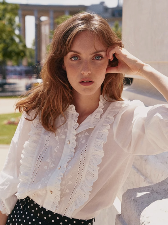 大人のフリルブラウス 長袖シャツブラウス レース切替 刺繍入り