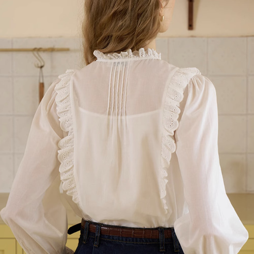 大人のフリルブラウス 長袖シャツブラウス レース切替 刺繍入り