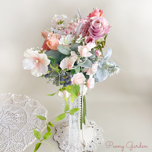 くすみピンクのハートブーケ ブートニア付き アーティフィシャル