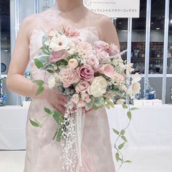 くすみピンクのハートブーケ ブートニア付き アーティフィシャル