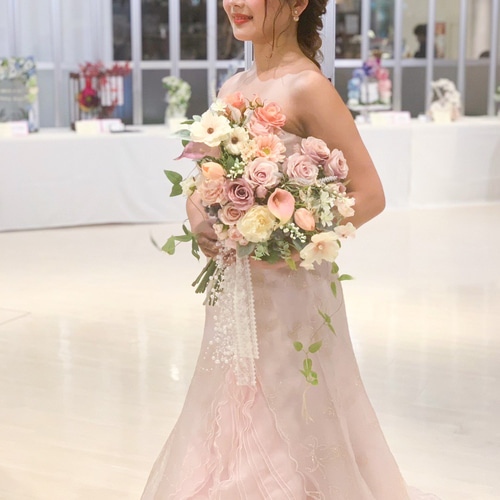 くすみピンクのハートブーケ ブートニア付き アーティフィシャル