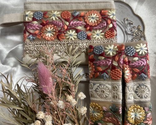 インド刺繍リボン ファスナーポーチ、ポケットティッシュケースセット