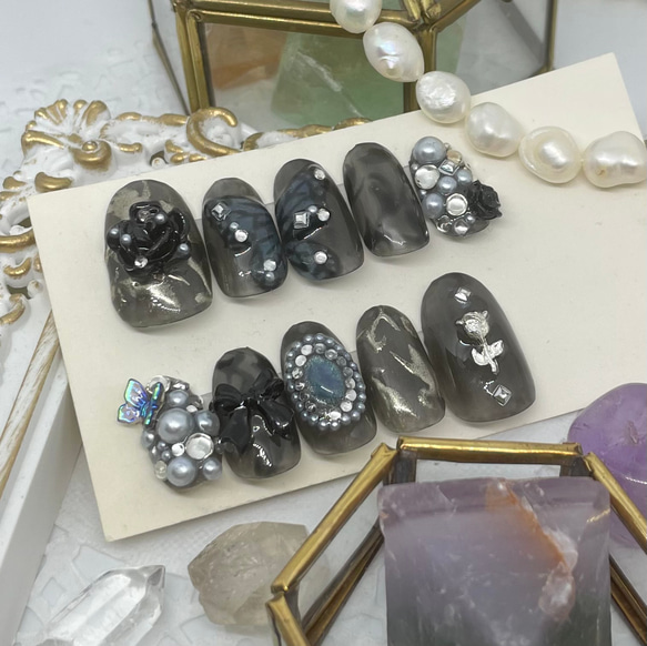 サイズオーダー♡ゴシック風バタフライ×ローズネイルチップ 黒 size  