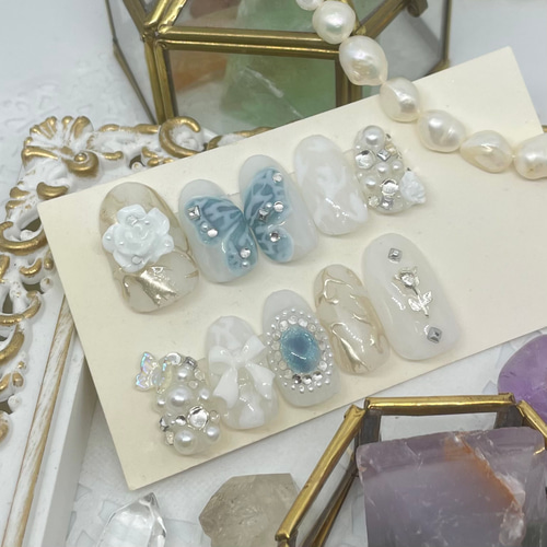 サイズオーダー♡ゴシック風バタフライ×ローズネイルチップ 白 size  