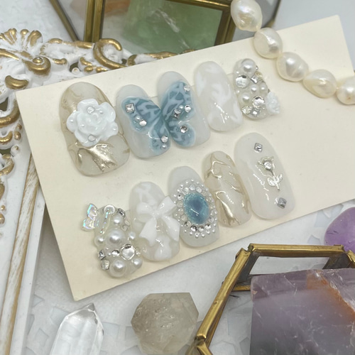 サイズオーダー♡ゴシック風バタフライ×ローズネイルチップ 白 size  