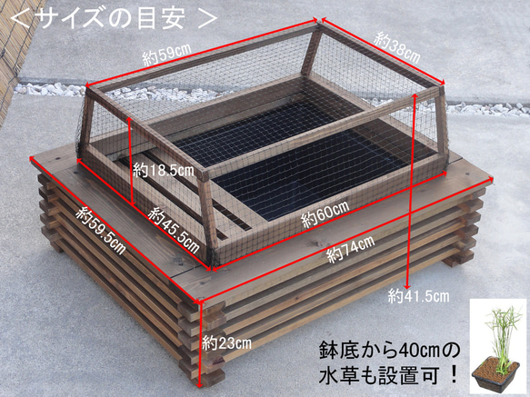 ビオトープ　40L　トロ舟＆木枠セット（3D型防鳥網付き・棚付き）　メダカ＆金魚用 2枚目の画像