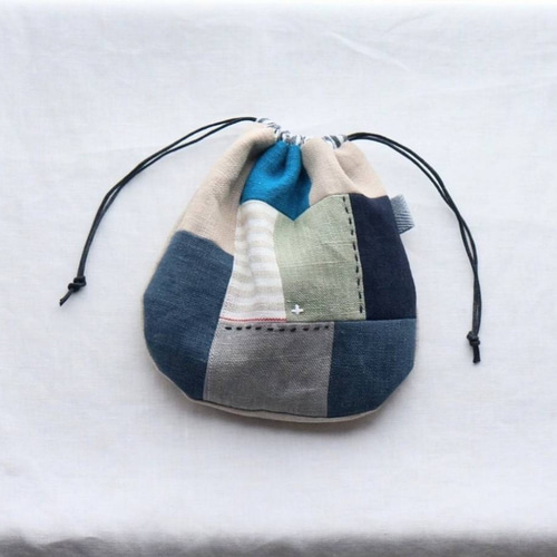 kbR) リネン パッチワーク ちくちく 大人 巾着 ポーチ シンプル