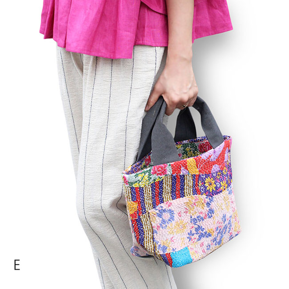 カンタ刺繍パッチワークキルトのトートバッグ【Mサイズ/E】 2枚目の画像