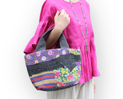 カンタ刺繍パッチワークキルトのトートバッグ【Mサイズ/G