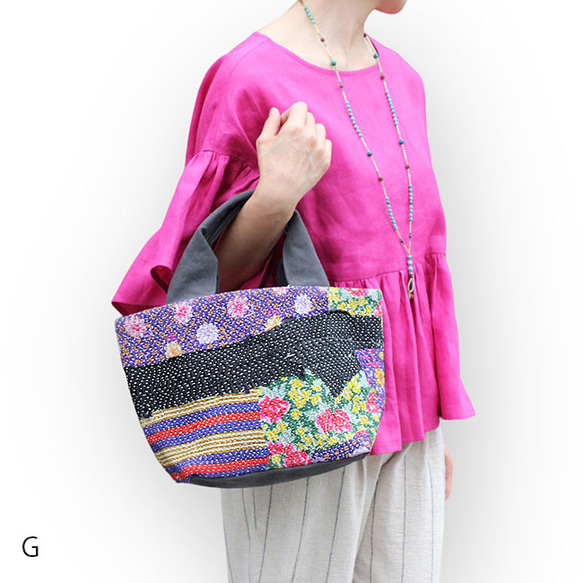 刺繍とパッチワークキルトのトートバッグ カンタ刺繍パッチワークキルトのトートバッグ【Lサイズ/L