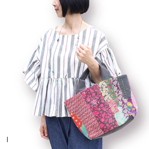 カンタ刺繍パッチワークキルトのトートバッグ【Lサイズ/I