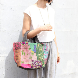 カンタ刺繍パッチワークキルトのトートバッグ【Lサイズ/J