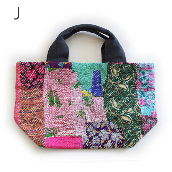 カンタ刺繍パッチワークキルトのトートバッグ【Lサイズ/J】 5枚目の画像