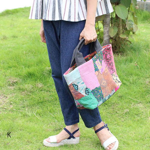 カンタ刺繍パッチワークキルトのトートバッグ【Lサイズ/K】 トート
