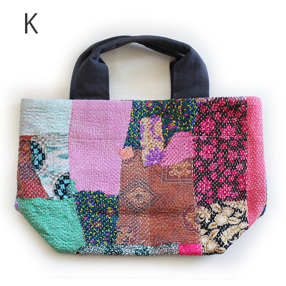 カンタ刺繍パッチワークキルトのトートバッグ【Lサイズ/K】 5枚目の画像