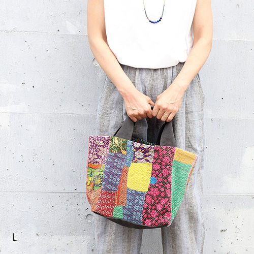 刺繍とパッチワークキルトのトートバッグ カンタ刺繍パッチワークキルトのトートバッグ【Lサイズ/L